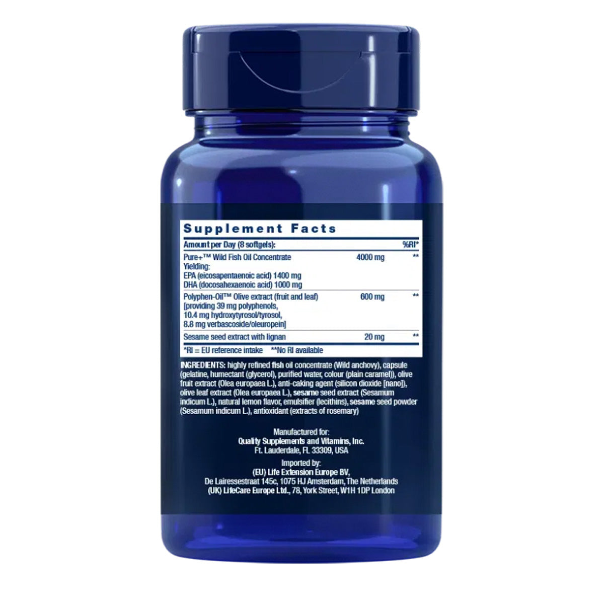 Super Omega-3 EPA/DHA Fish Oil Sesame Lignans & Olive Extract, Life Extension 240 perlas