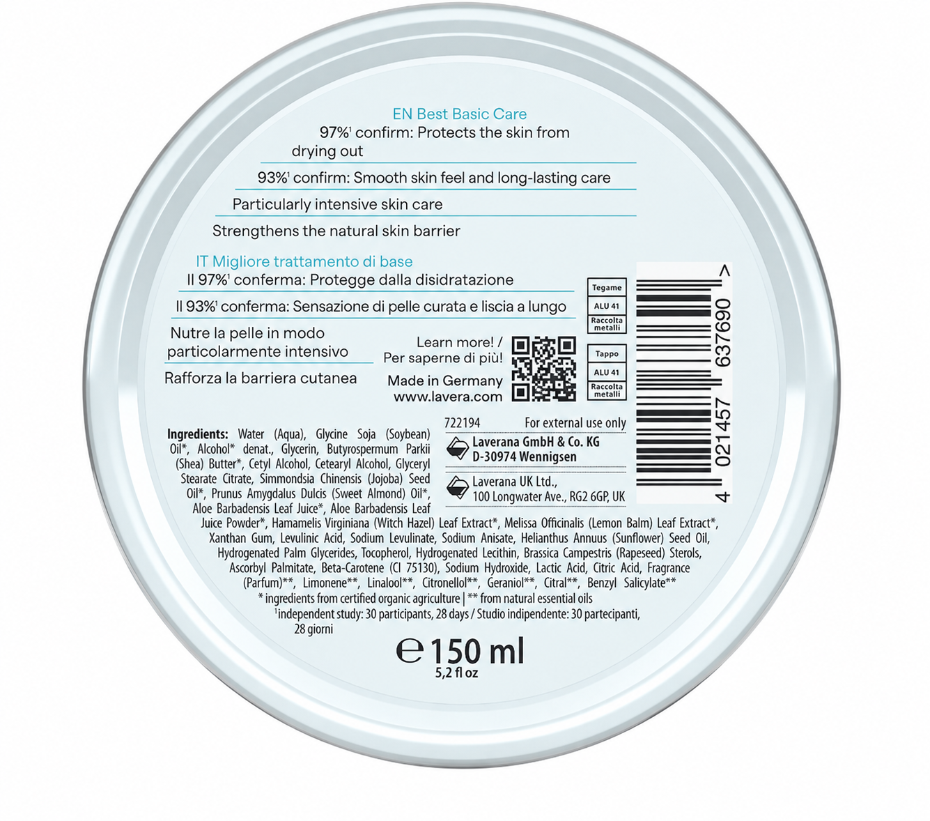 Gezichts- en lichaamscrème Sentitiv Bio Lavera 150 ml