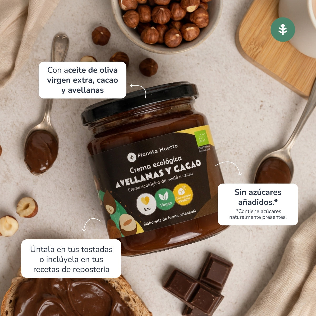 Pakket 2x Hazelnoot- en cacaocrème zonder toegevoegde suikers ECO Planeta Huerto 230 g
