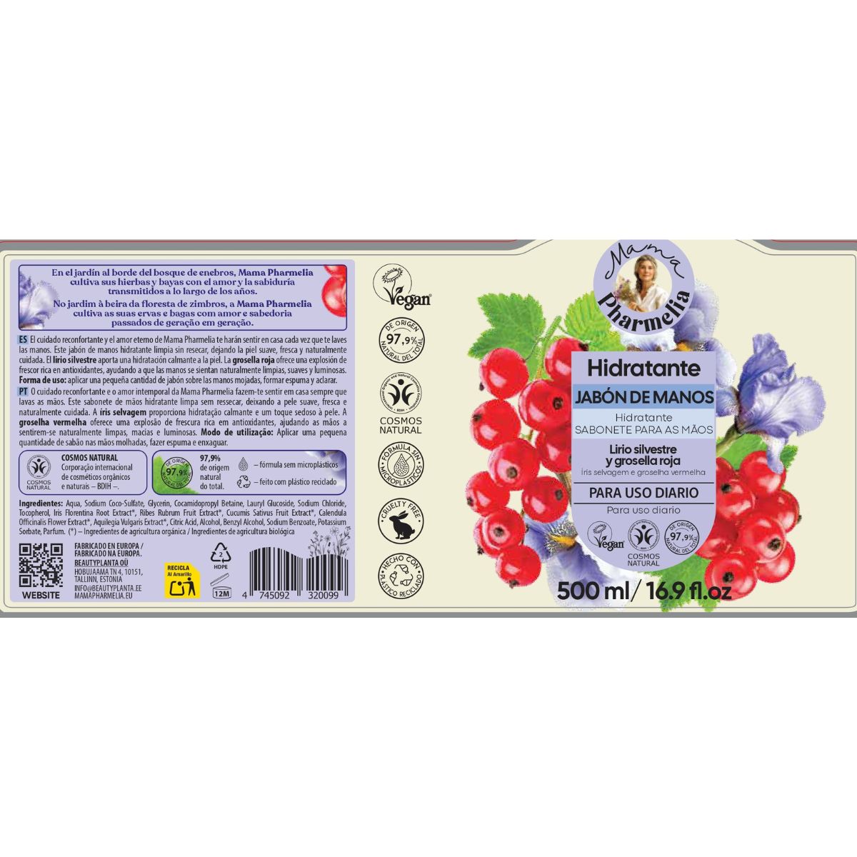 Jabón de Manos Hidratante con Lirio Silvestre y Grosella Roja, Mama Pharmelia, 500 ml