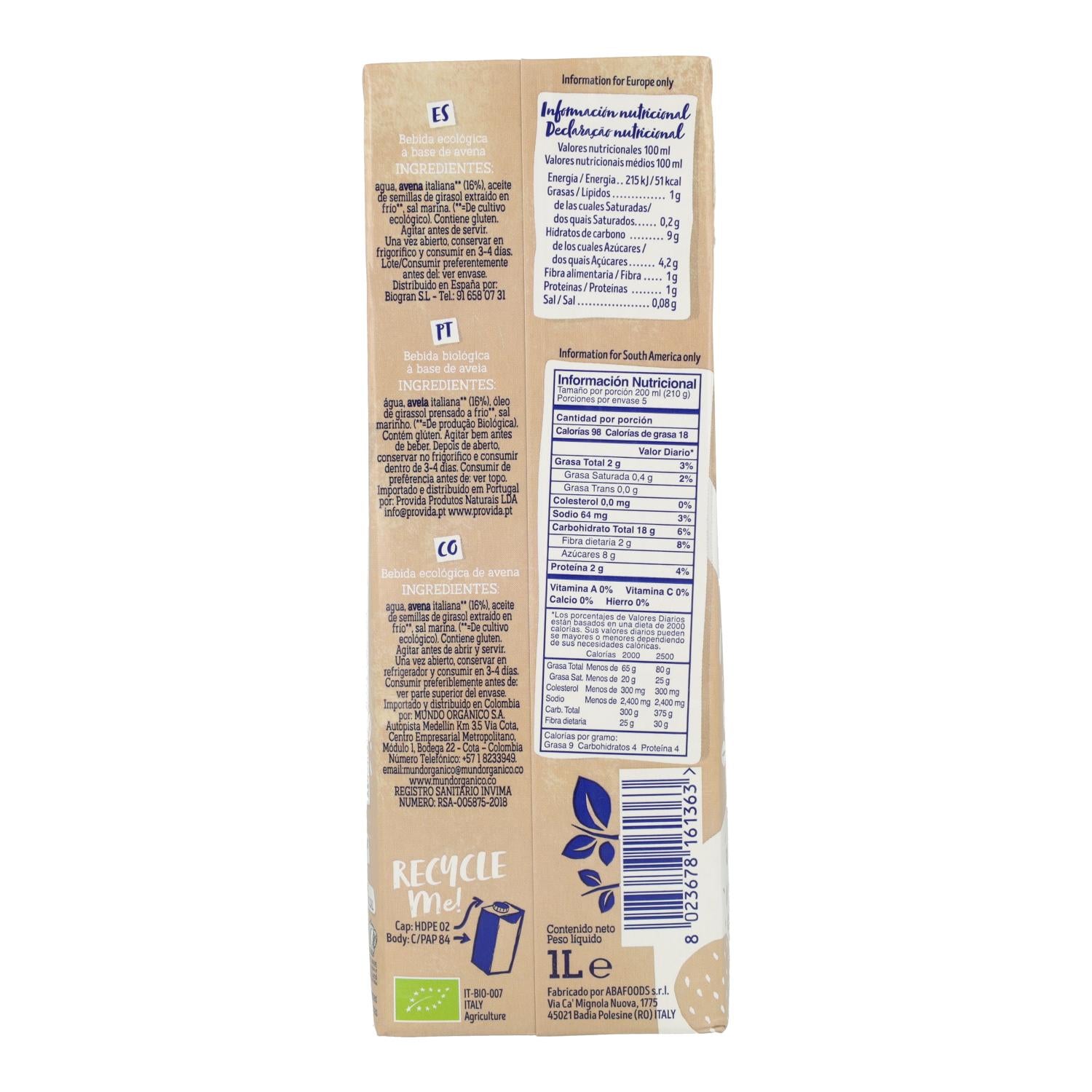 Bebida de Avena BIO sin gluten Isola Bio 1 L
