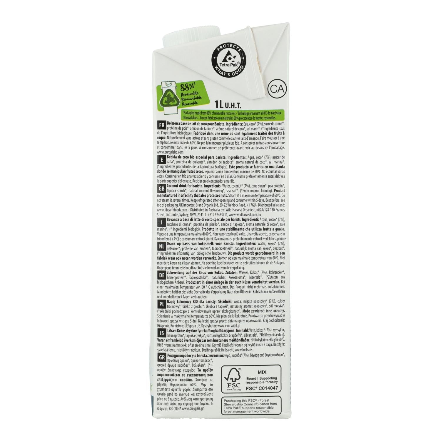 Pack 6x Bebida vegetal de Coco Barista BIO EcoMil 1L
