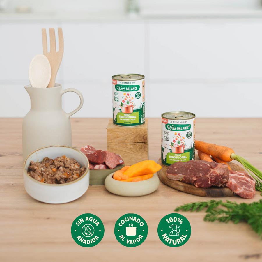Lata completa Ragut Tradicional de Ternera y Pollo para Perros Wild Balance 400 g
