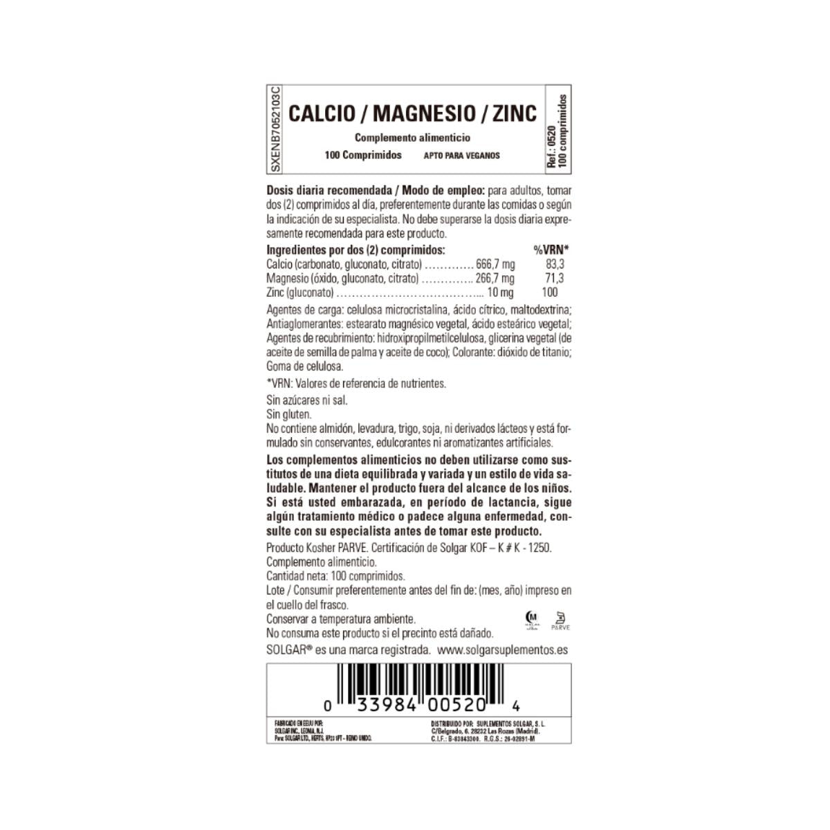 Calcio y Magnesio con Zinc 100 comprimidos Solgar