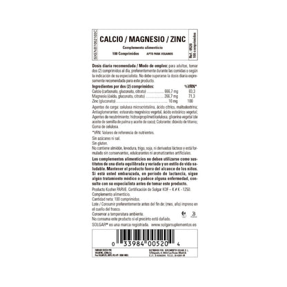 Calcio y Magnesio con Zinc 100 comprimidos Solgar