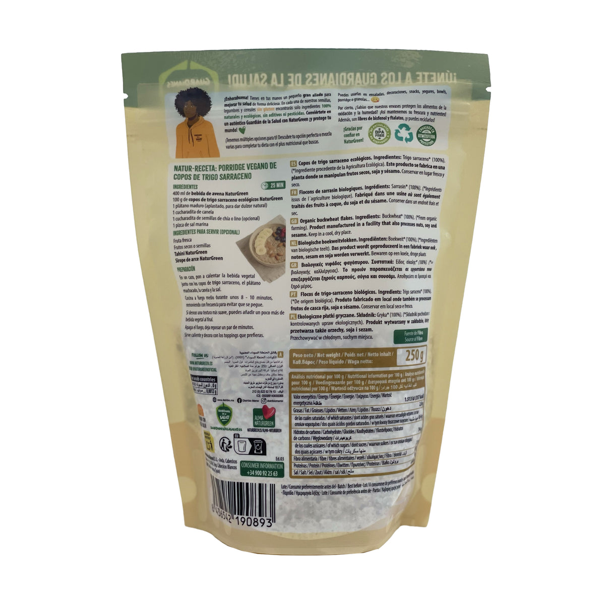 Pakketten met 2 stuks glutenvrije biologische boekweitvlokken Naturgreen 2 stuks van 250 g