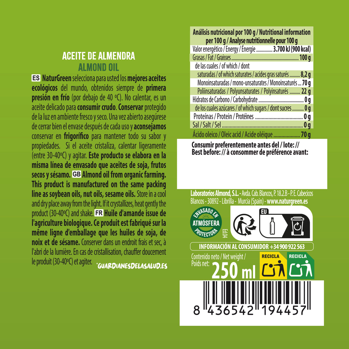 Biologische amandelolie NaturGreen 250 ml