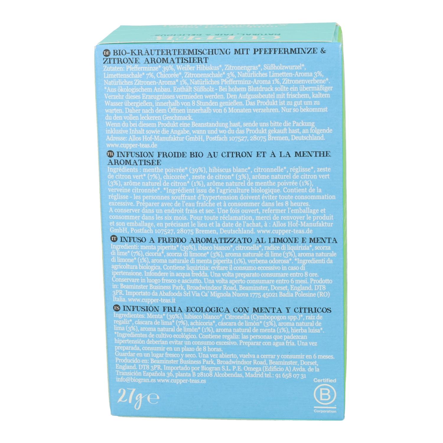 Infusion Fria De Menta Y Citricos Bio Cupper 10 Bolsas