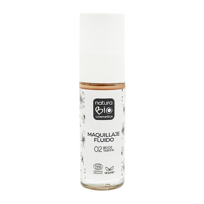 Maquillaje Fluido 02 Beige Tarifa, Acabado Impecable, Con Rosa Mosqueta y Manteca de Karité,  NaturaBio Cosmetics, 30ml