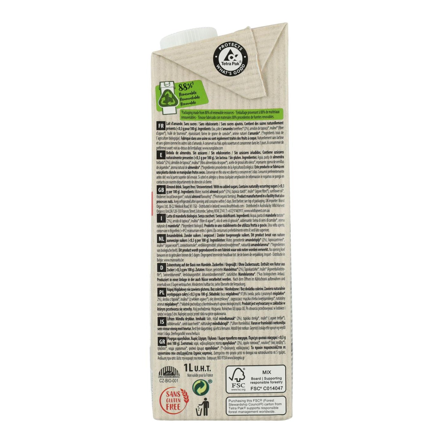 Bebida vegetal Almendra classic Nature bio sin azúcar Ecomil 1L