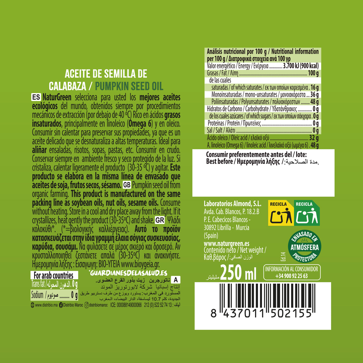 Biologische pompoenpitolie NaturGreen, 250 ml