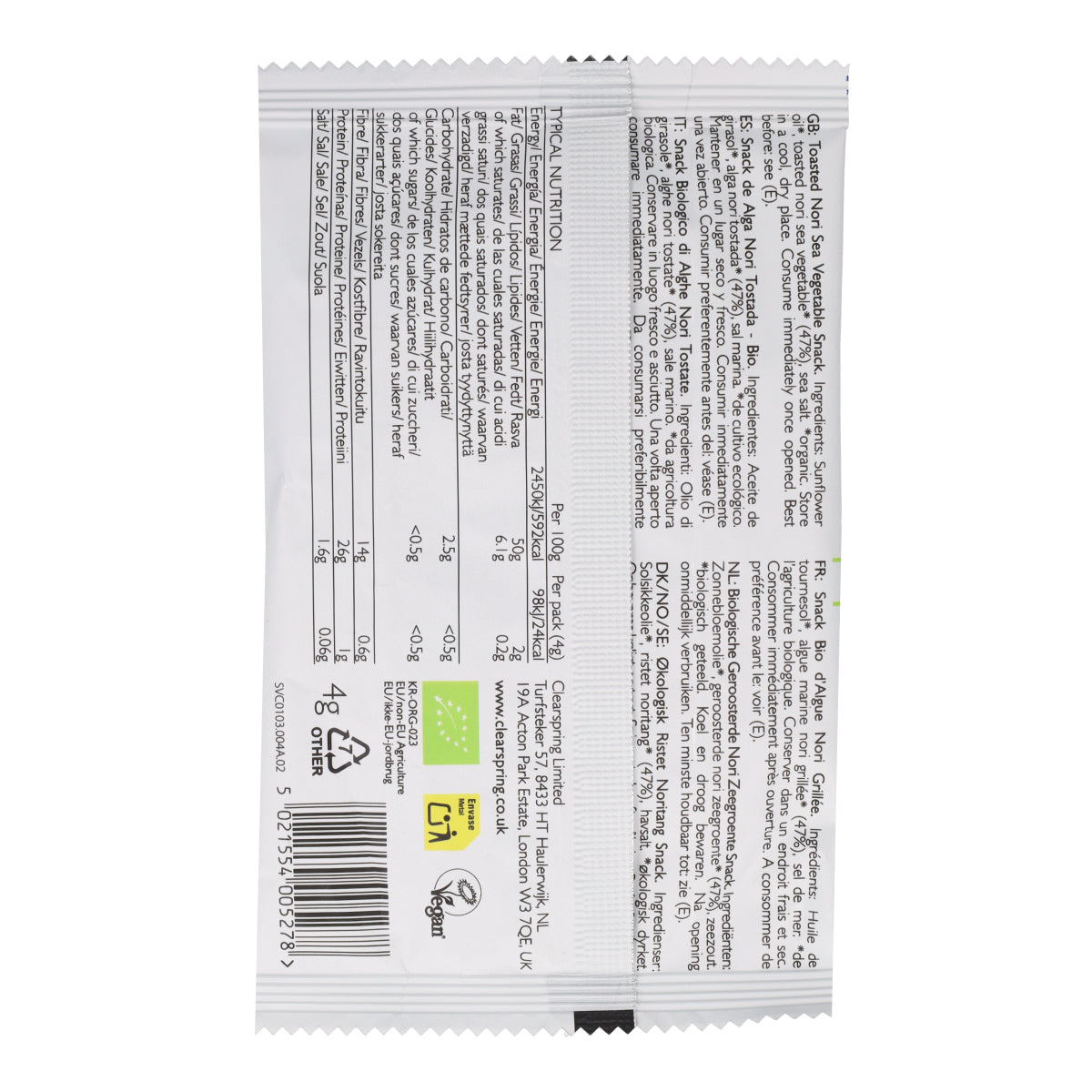 Biologische geroosterde nori-snack van Clearspring 4 g