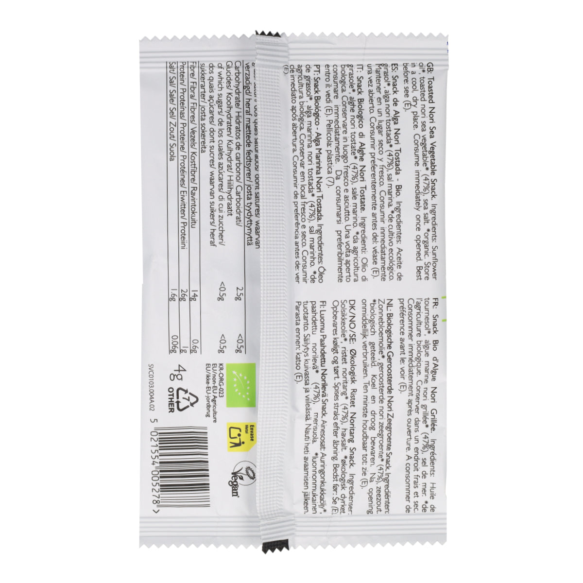 Biologische geroosterde nori-snack van Clearspring 4 g
