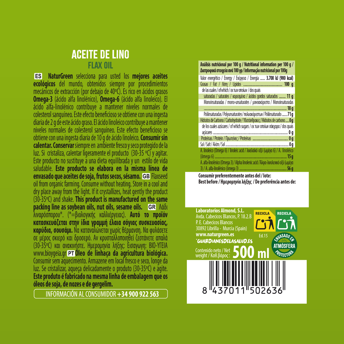 Biologische lijnzaadolie NaturGreen 500 ml