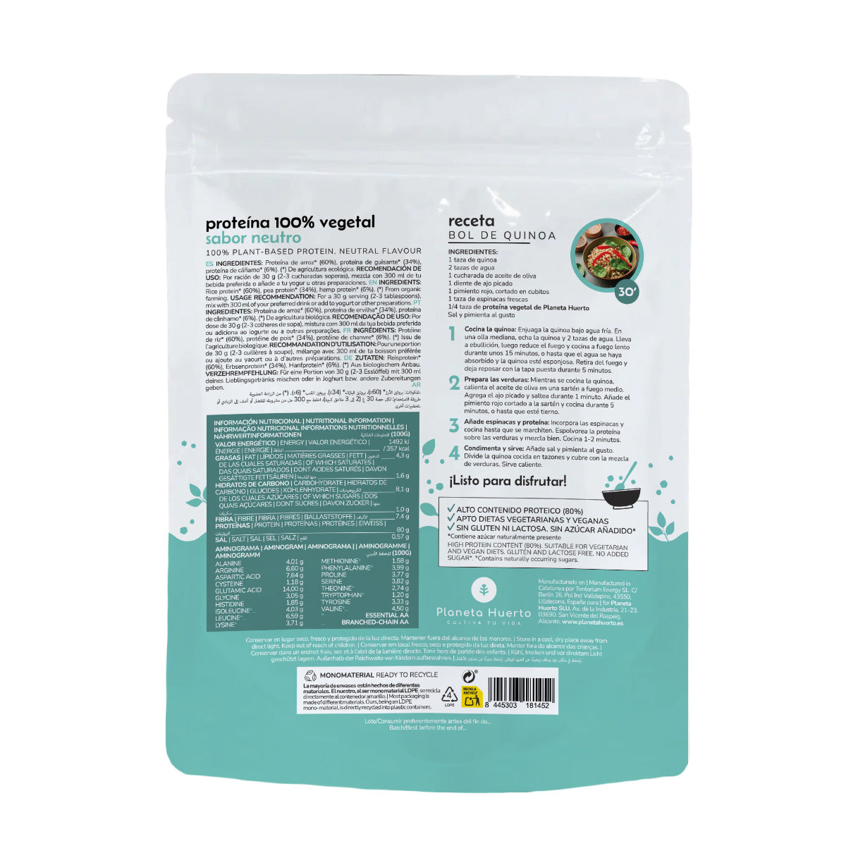 Proteína vegana ECO neutra 80% Planeta Huerto 500 g