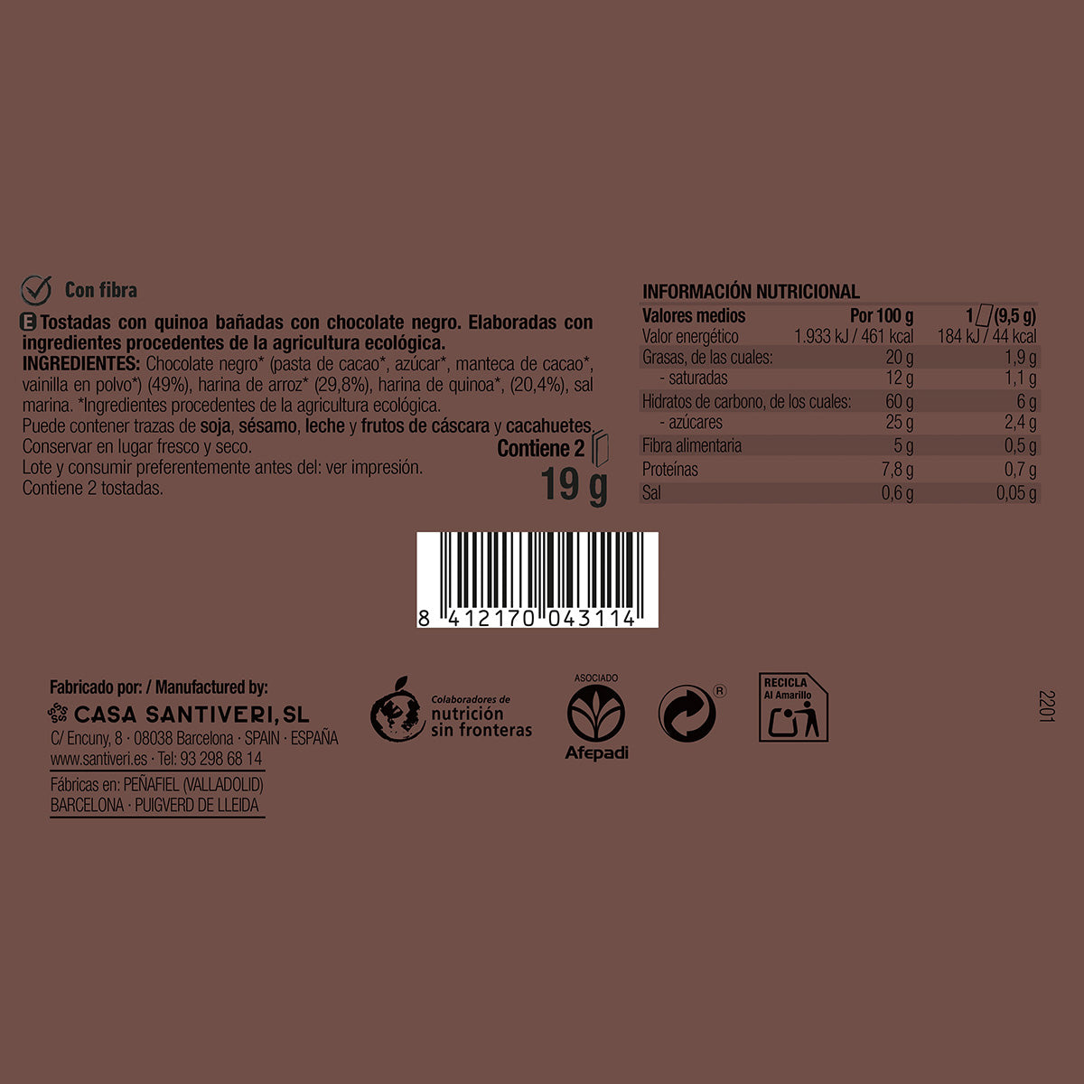 Knapperige toast met quinoa en pure chocolade BIO 3x57 g