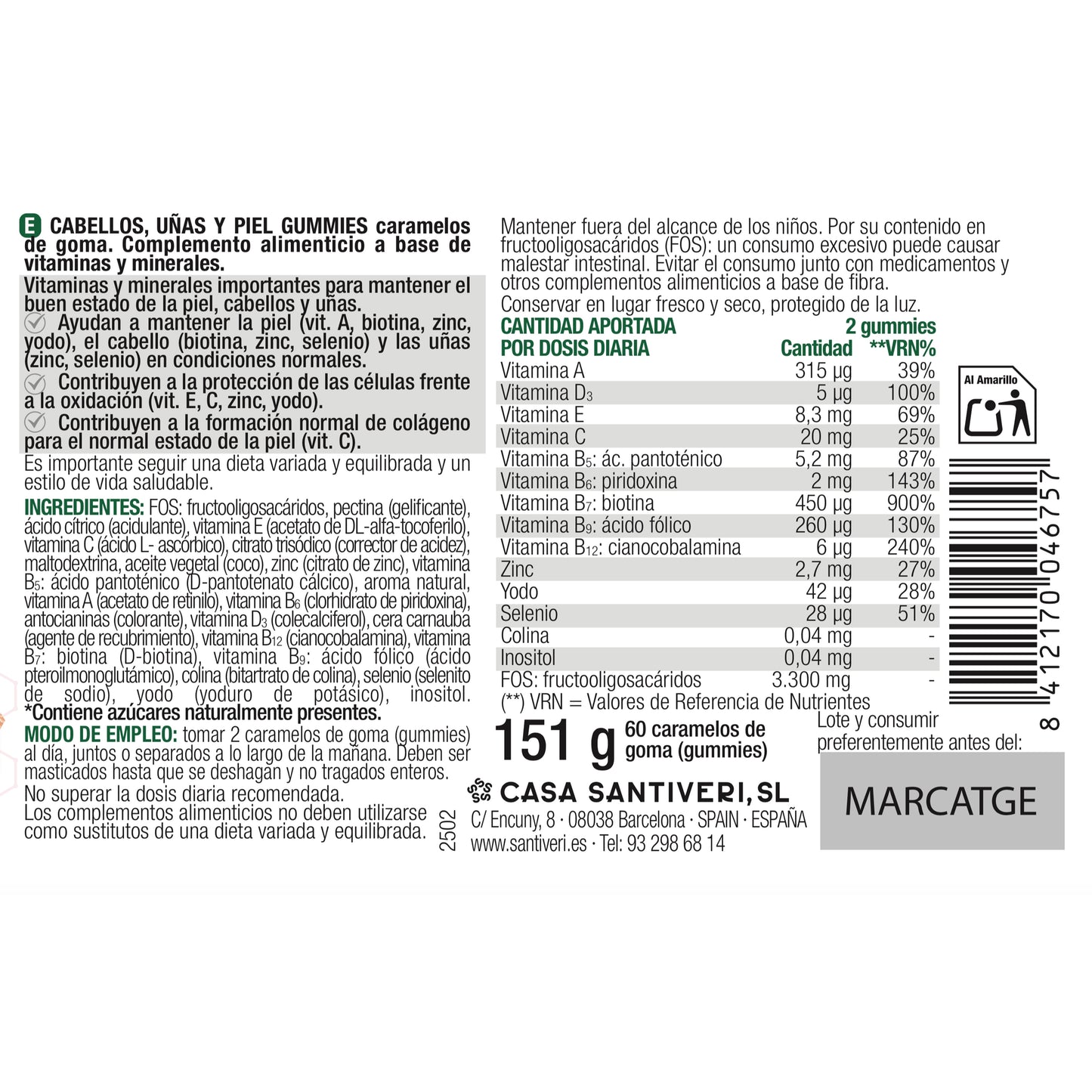 Kauwbare gummies voor haar, nagels en huid SantiverI 60 gummies 162 g
