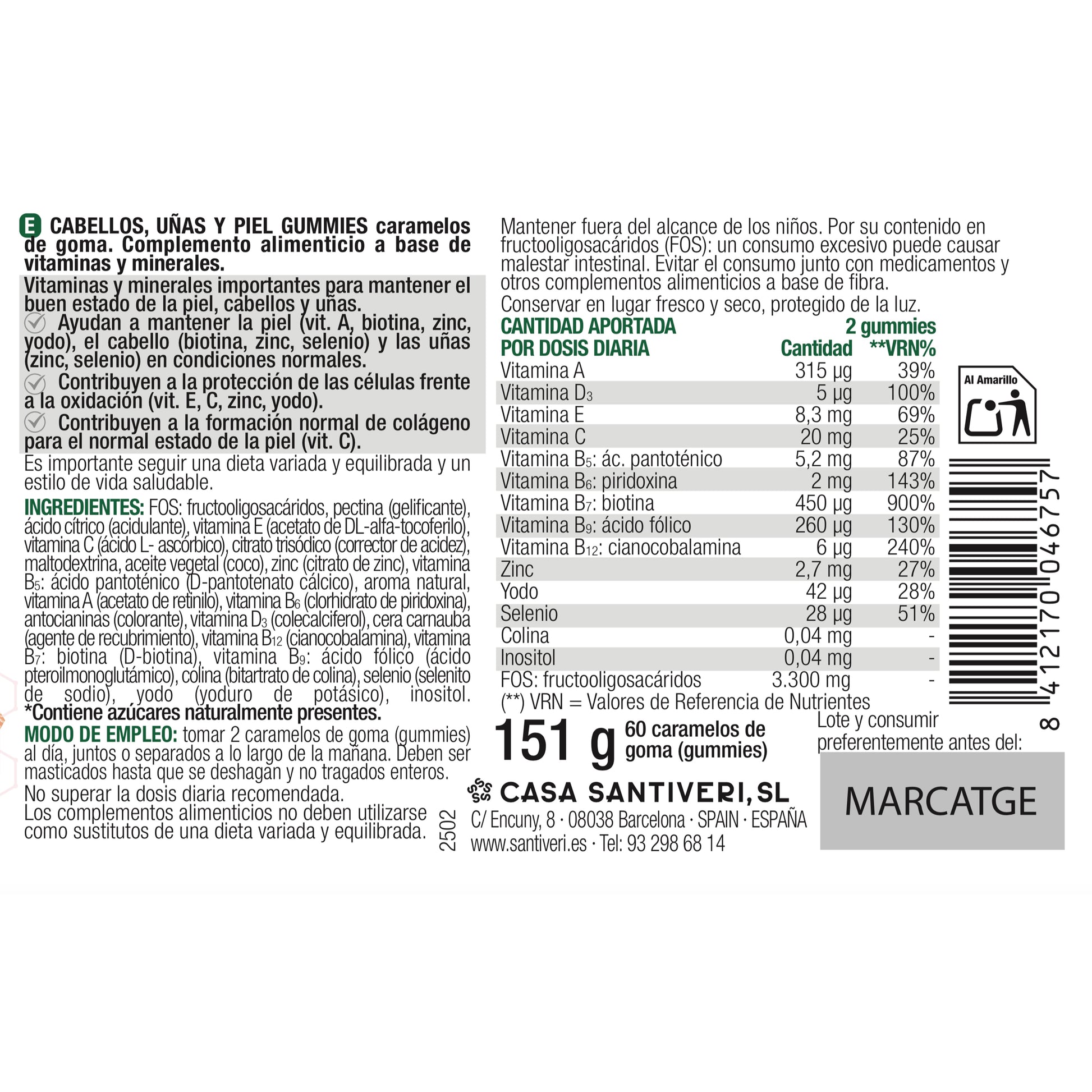Kauwbare gummies voor haar, nagels en huid SantiverI 60 gummies 162 g