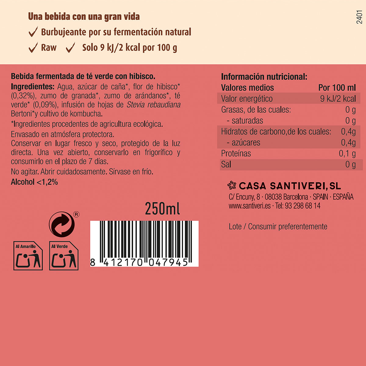 Biologische kombucha met hibiscus Santiveri 250 ml