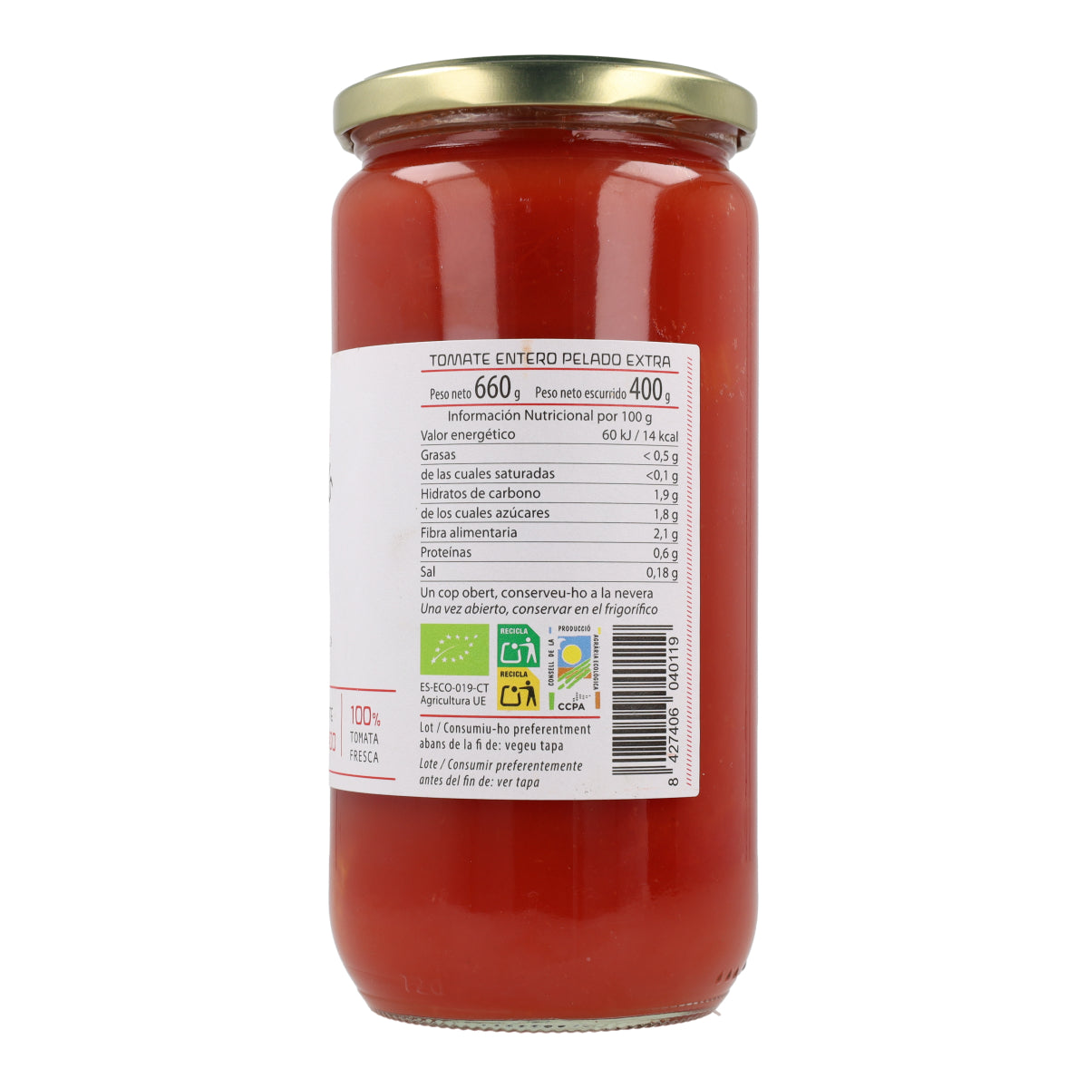 Hele gepelde tomaten ECO Cal Valls 660 g