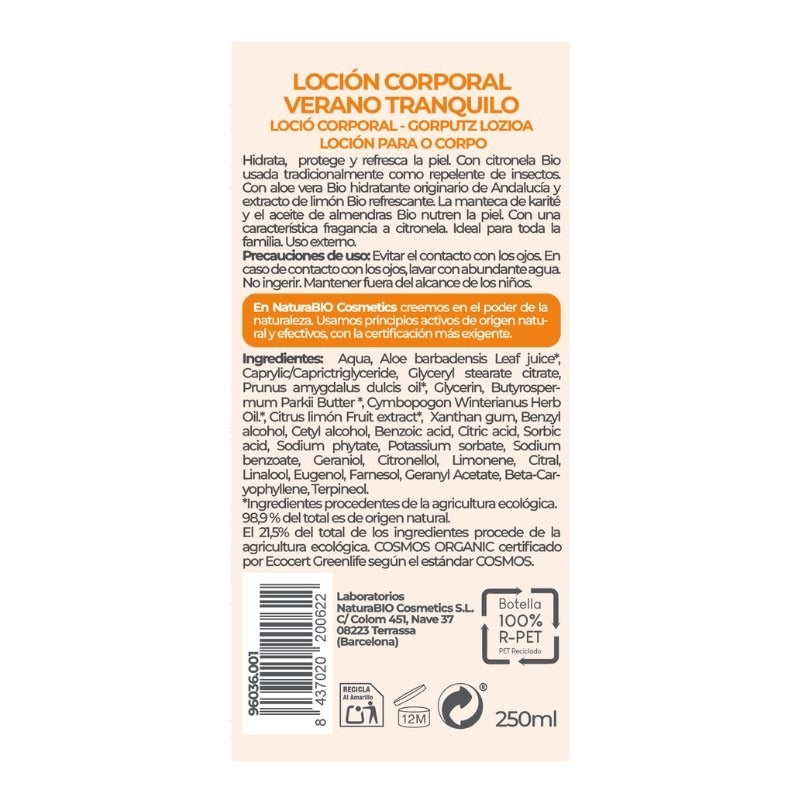 Lichaamslotion Verano Tranquilo 250 Citronella, NATURABIO, 250 ml