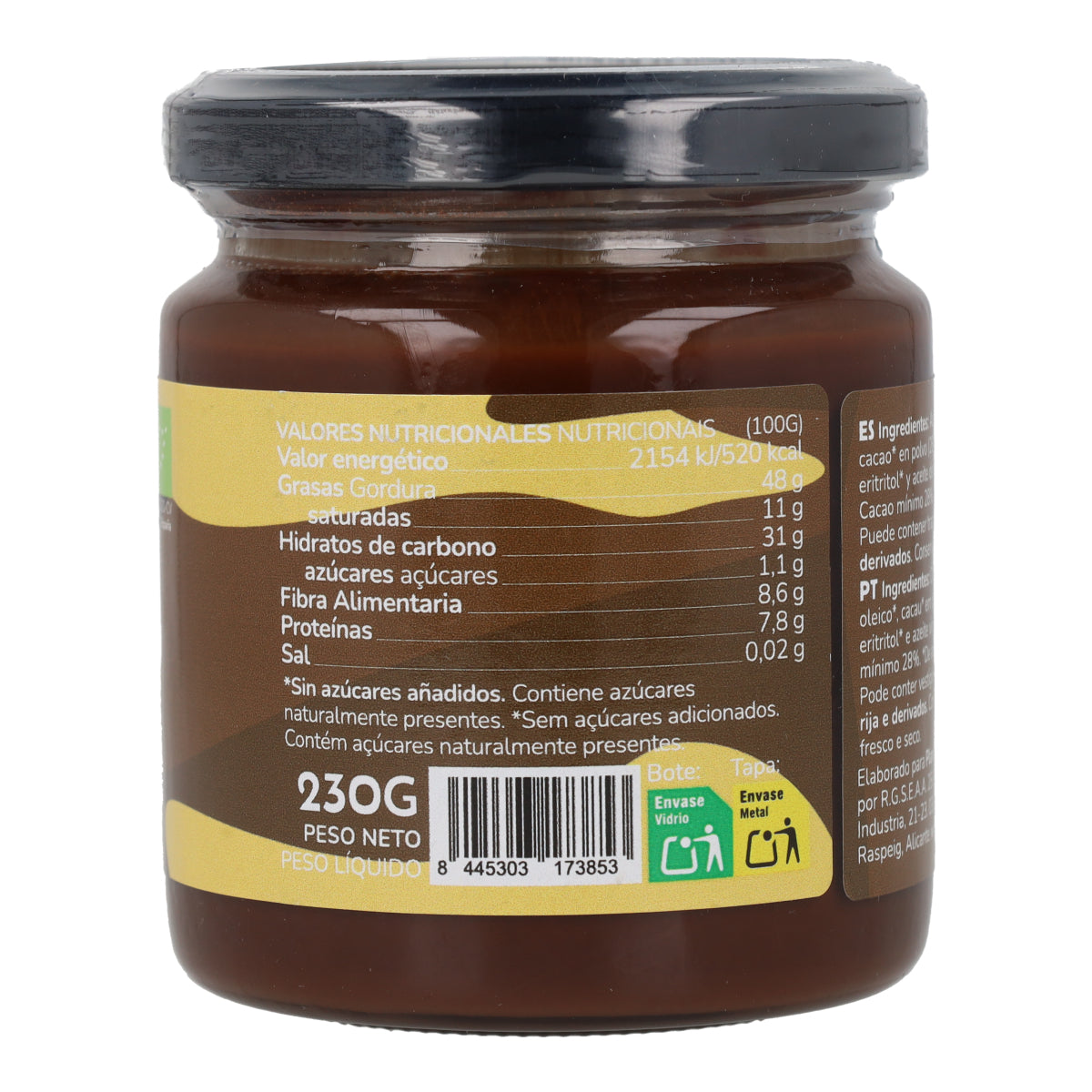 Hazelnoot- en cacaocrème zonder toegevoegde suikers ECO Planeta Huerto 230 g