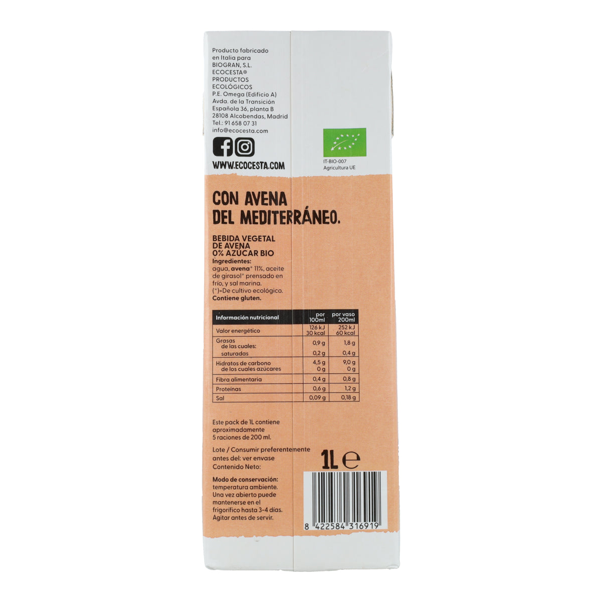 Plantaardige haverdrank 0% suiker Bio Ecocesta 1 l