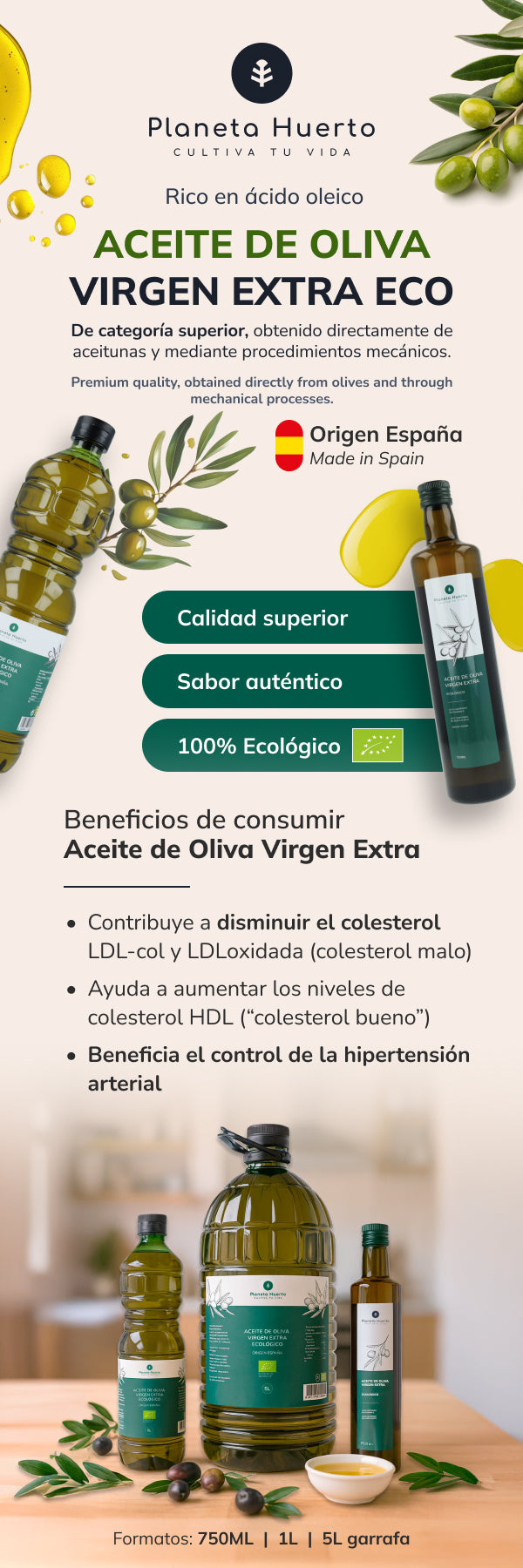 Extra olijfolie van eerste persing ECO Planeta Huerto 5 L