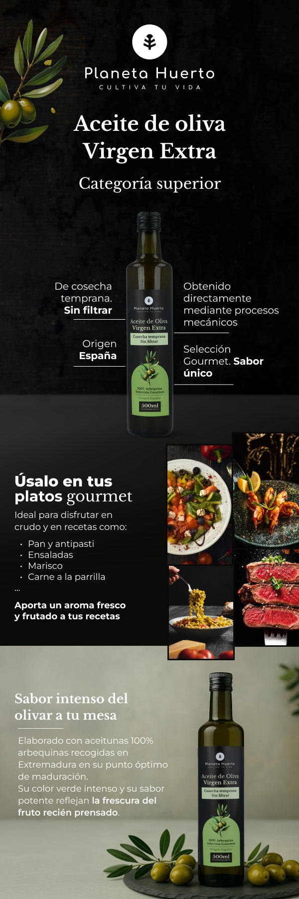 Ongefilterde groene extra olijfolie van eerste persing Planeta Huerto 500 ml
