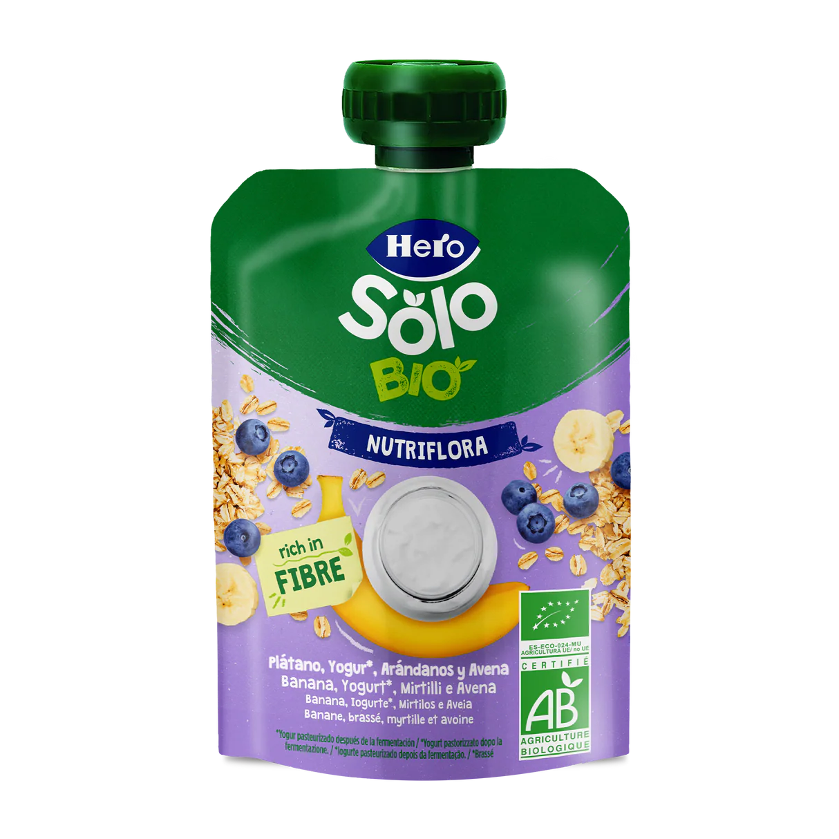 Nutri Flora-zakje met bananen-, bosbessen-, yoghurt- en haversmaak 100 g Hero Solo