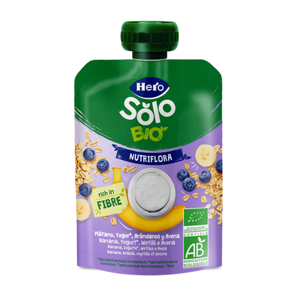 Nutri Flora-zakje met bananen-, bosbessen-, yoghurt- en haversmaak 100 g Hero Solo