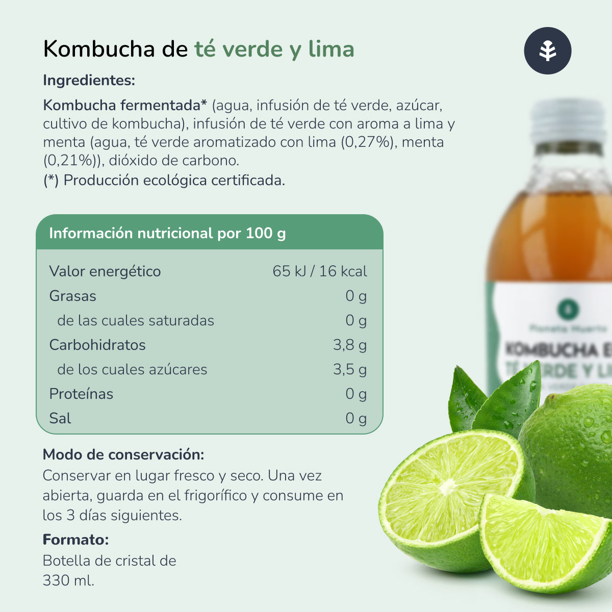 Kombucha ECO groene thee en limoen Planeta Huerto 330 ml