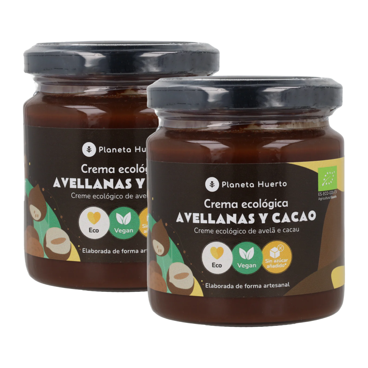 Pakket 2x Hazelnoot- en cacaocrème zonder toegevoegde suikers ECO Planeta Huerto 230 g