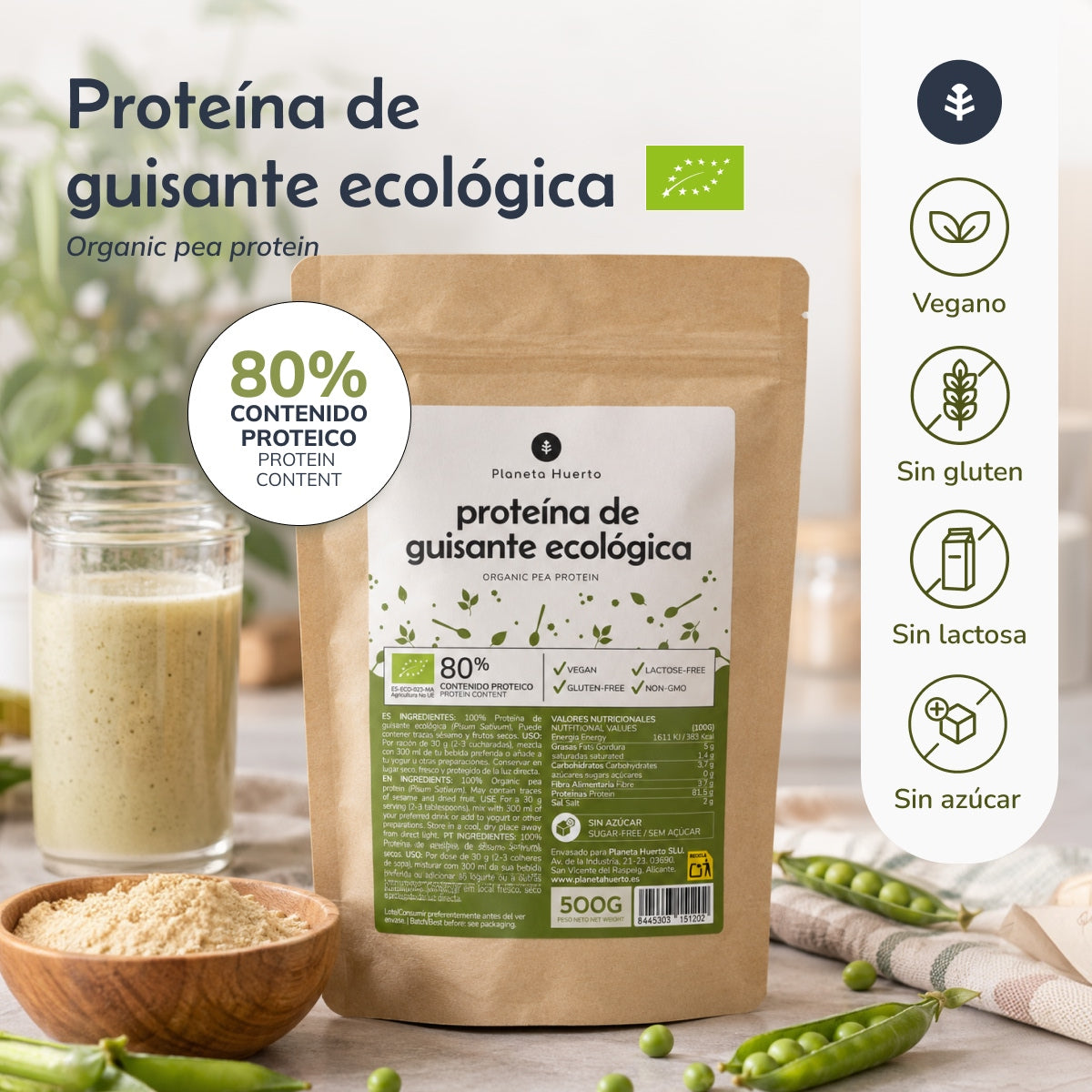 Erwteneiwit 80% ECO Planeta Huerto 500 g