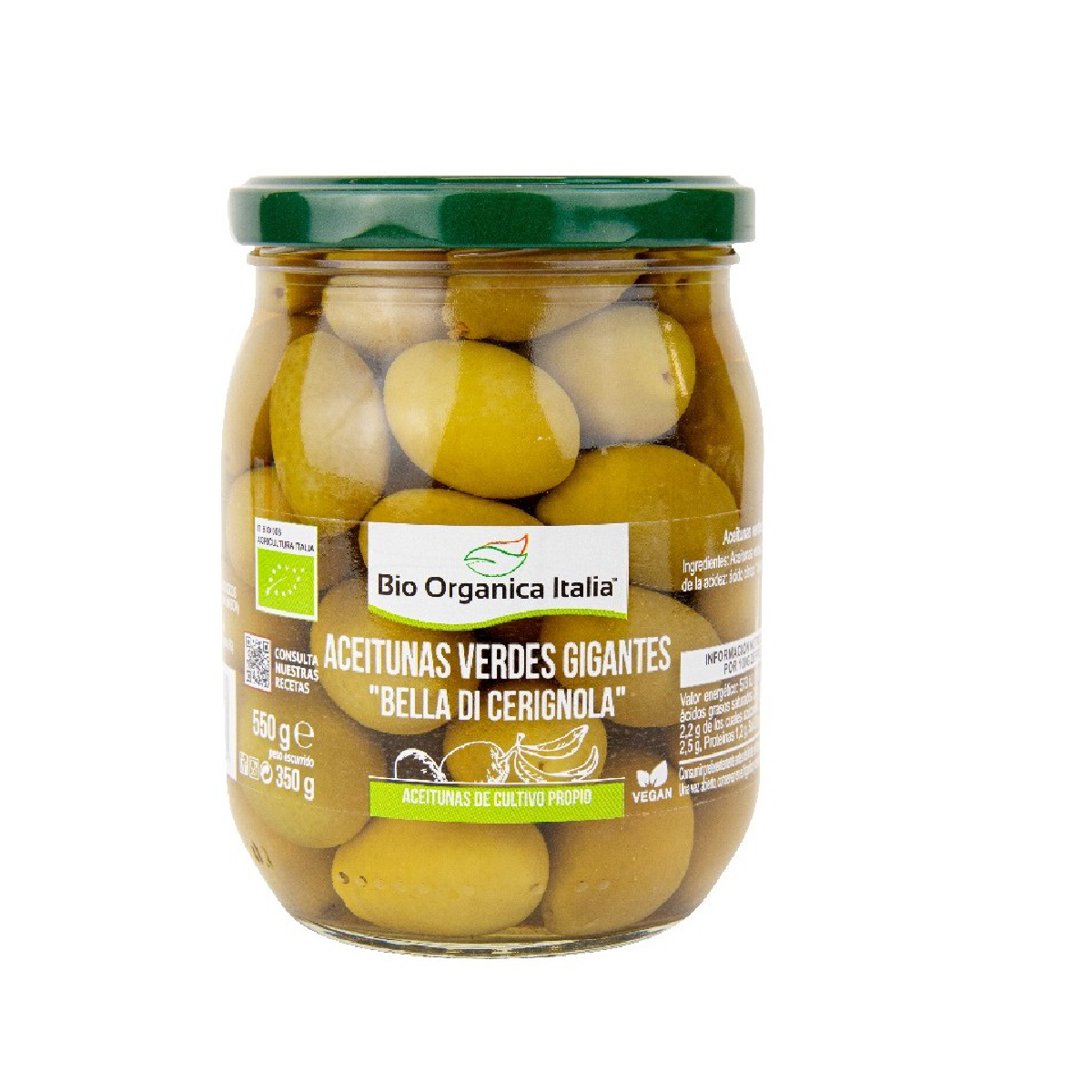 Grote biologische groene olijven Organica Italia 550 g