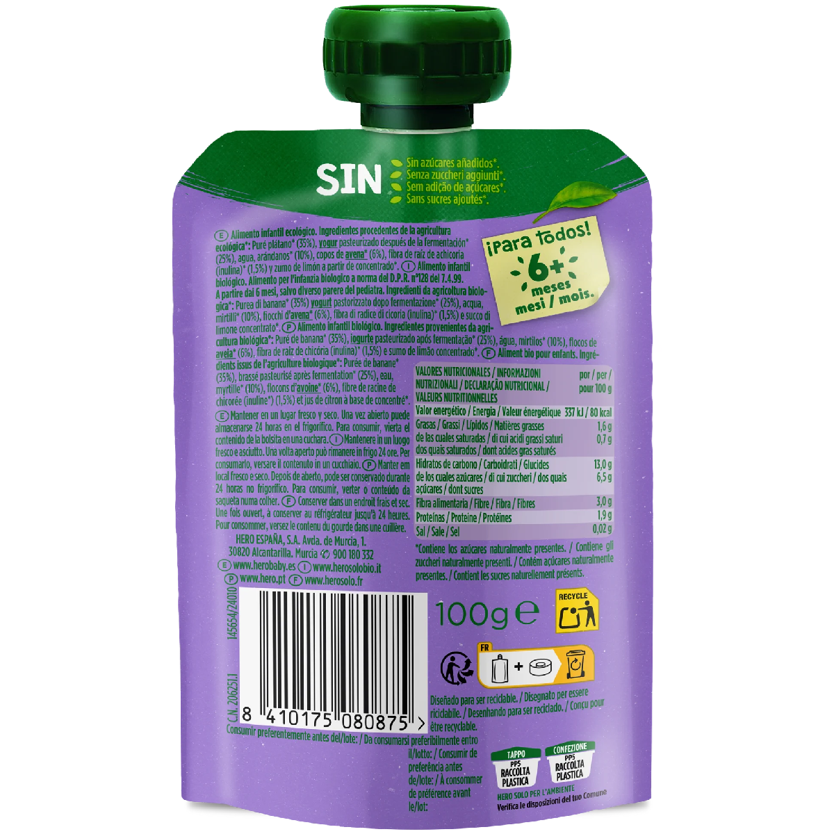 Nutri Flora-zakje met bananen-, bosbessen-, yoghurt- en haversmaak 100 g Hero Solo