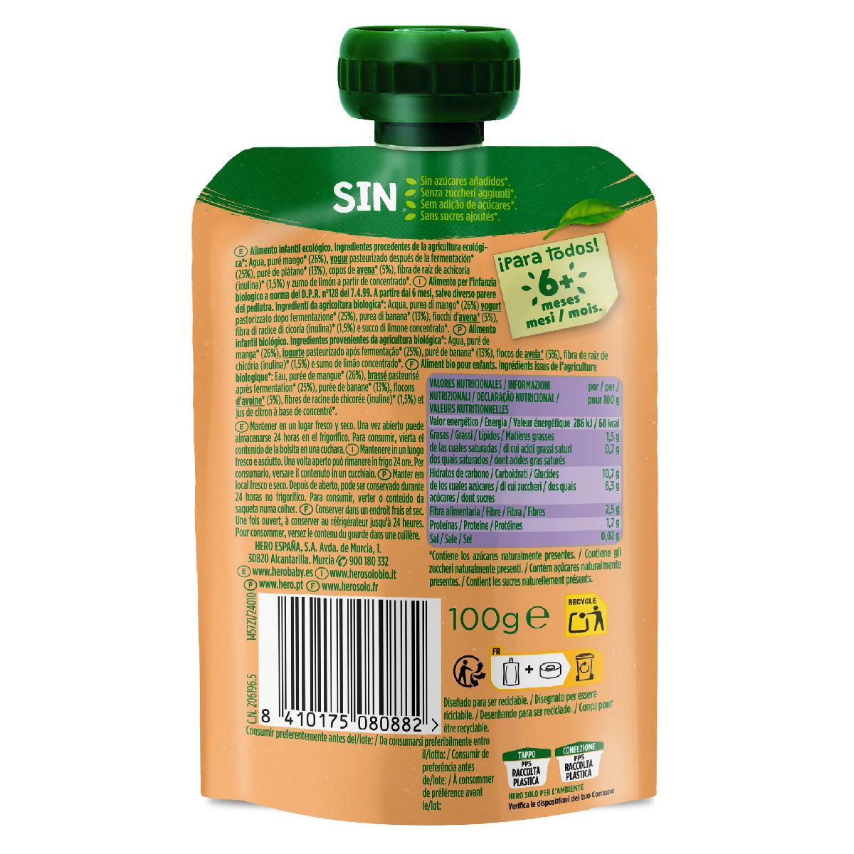 Nutri Flora-zakje met mango, yoghurt, haver en banaan 100 g Hero Solo
