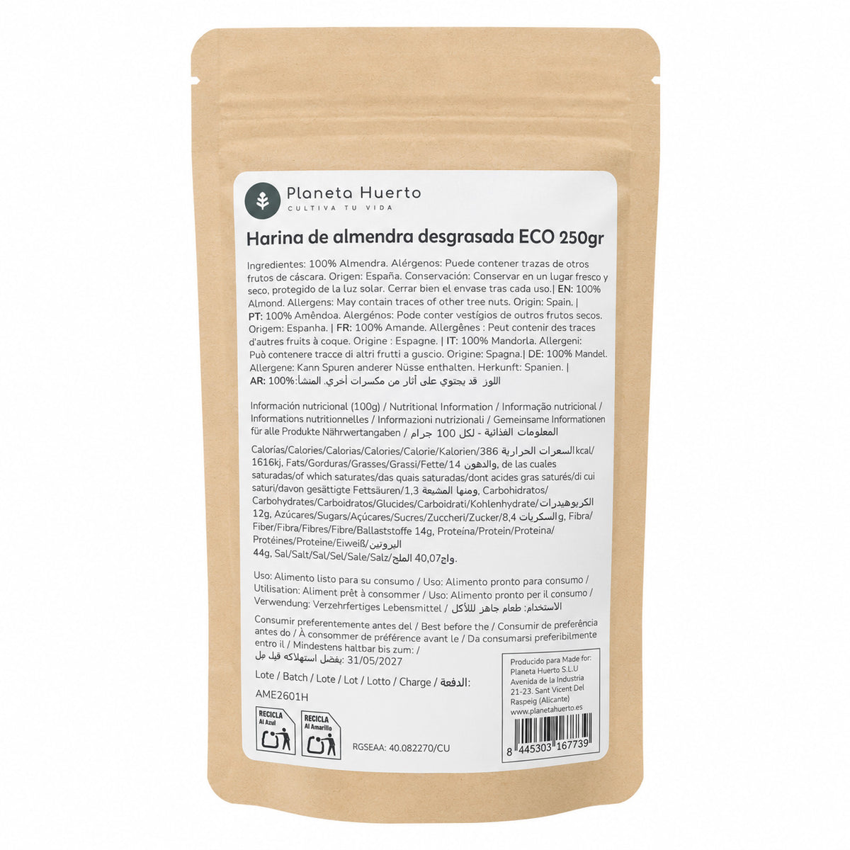 Ontvet amandelmeel (Amandel Proteïne) ECO Planeta Huerto 250 g