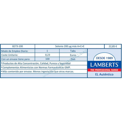 Selenio + Vitaminas A, C y E Lamberts 100 tabletas 200mcg