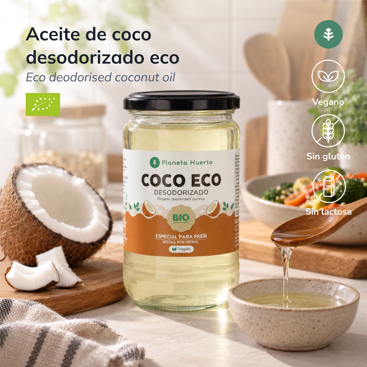 Pakket van 6x ECO Planeta Huerto ontgeurde kokosolie 500 ml