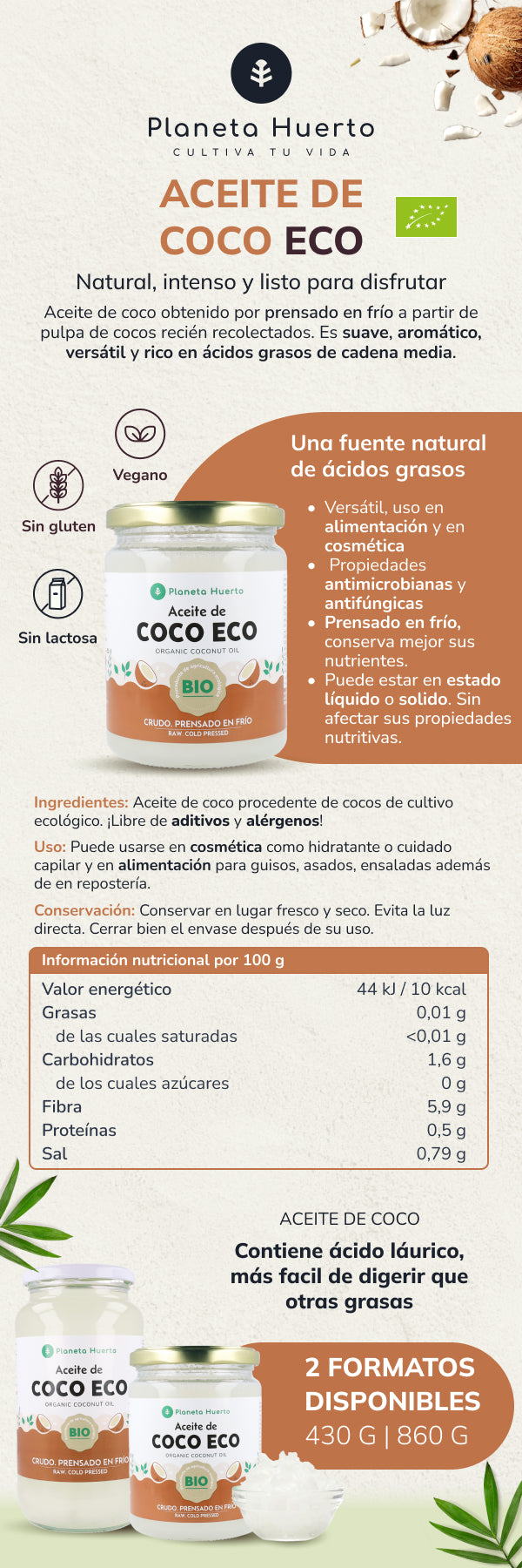 Virgin kokosolie ECO Planeta Huerto 500 ml
