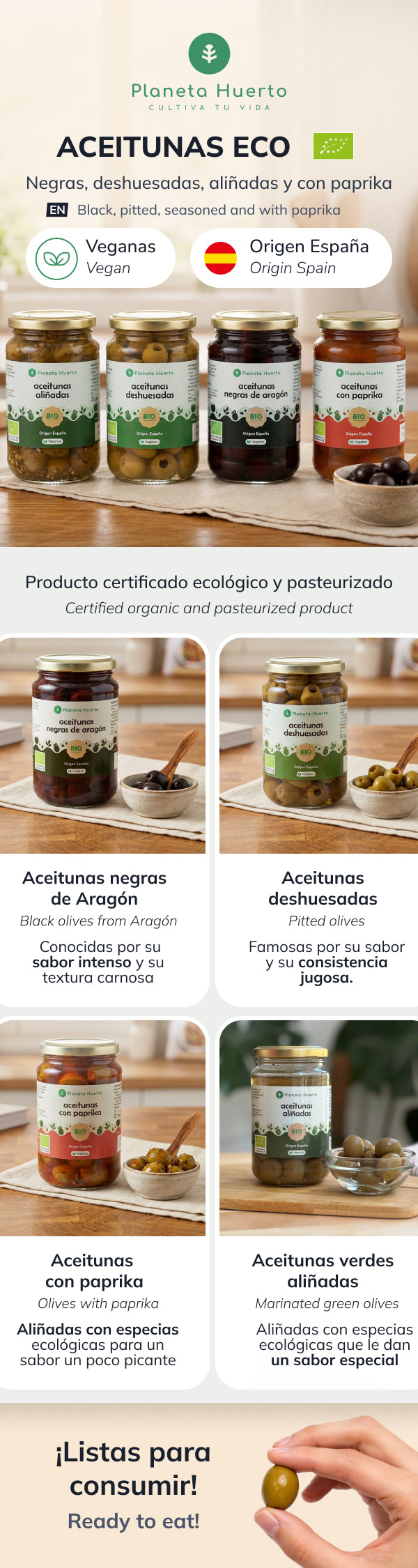 Groene olijven gekruid Eco Planeta Huerto 390g