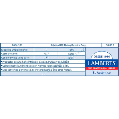 Betaína HCl 324mg/Pepsina 5mg Lamberts, 180 tabletas