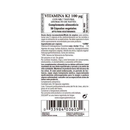 Vitamina K2, 50 cápsulas vegetales de 100μg