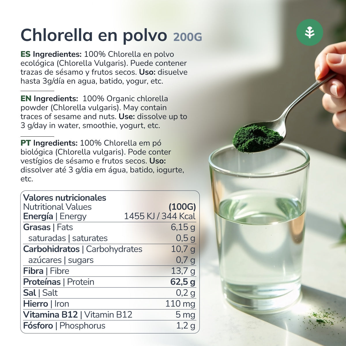 Chlorella zeewier poeder ECO Planeta Huerto 200 g