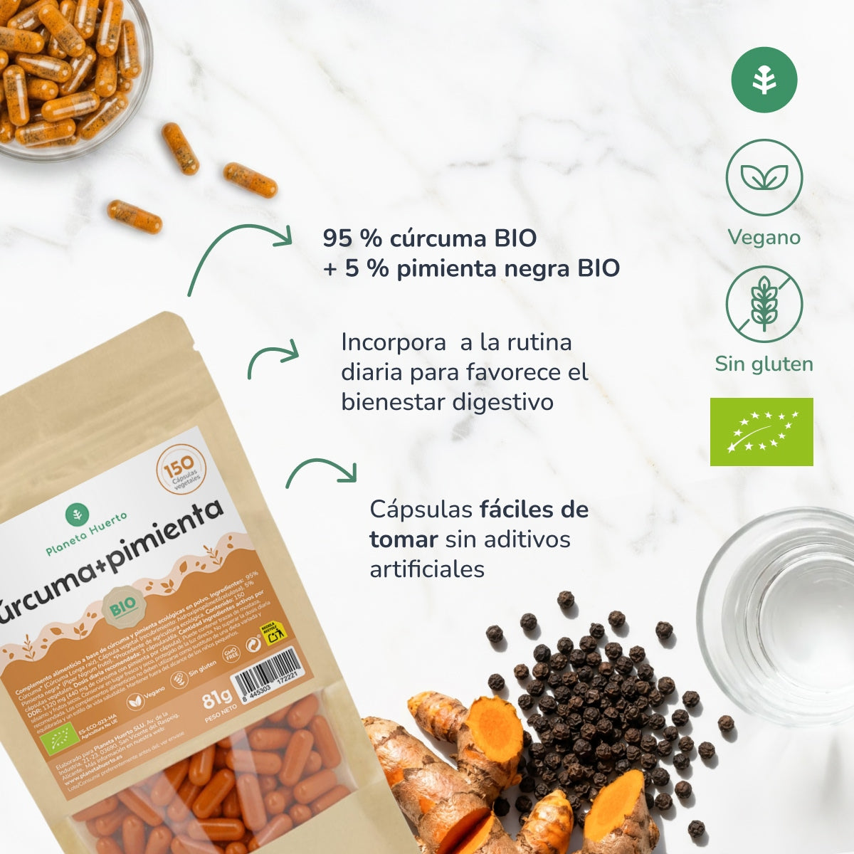 Biologische Kurkuma + Biologische Peper Planeta Huerto 150 capsules