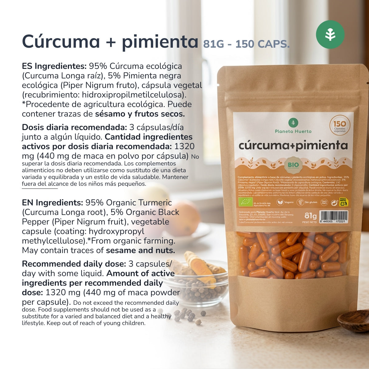 Biologische Kurkuma + Biologische Peper Planeta Huerto 150 capsules