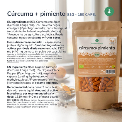 Biologische Kurkuma + Biologische Peper Planeta Huerto 150 capsules