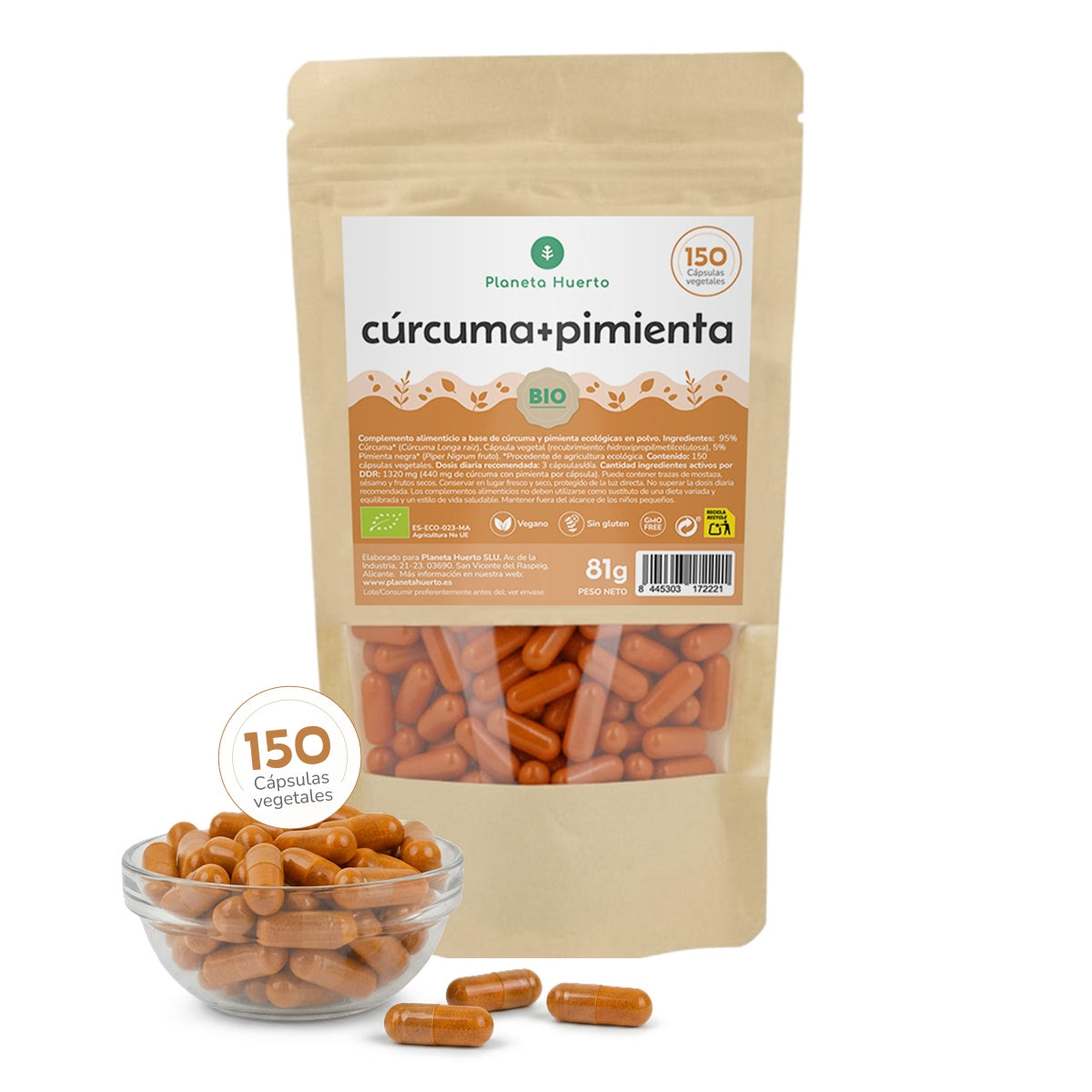 Biologische Kurkuma + Biologische Peper Planeta Huerto 150 capsules