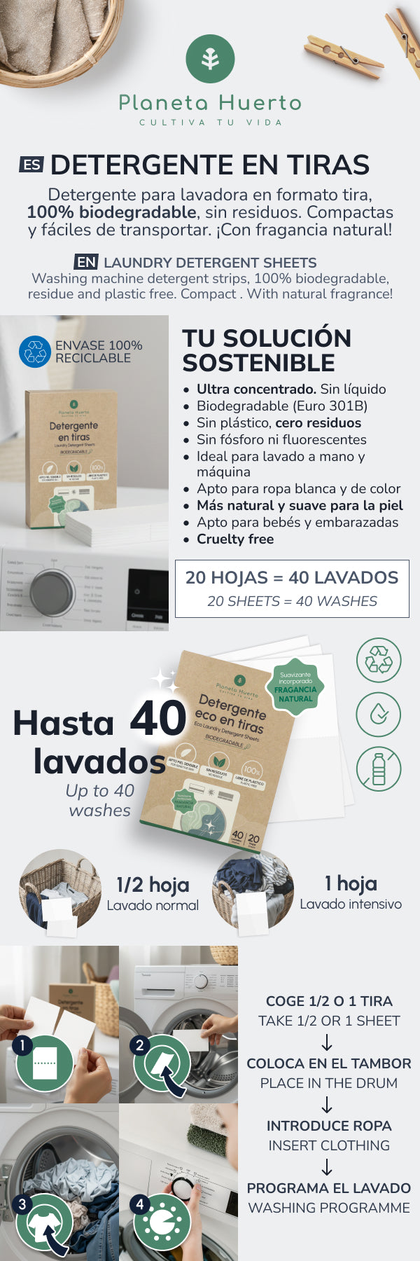 Eco-Tiras wasmiddel en wasverzachter Planeta Huerto 40 wasbeurten